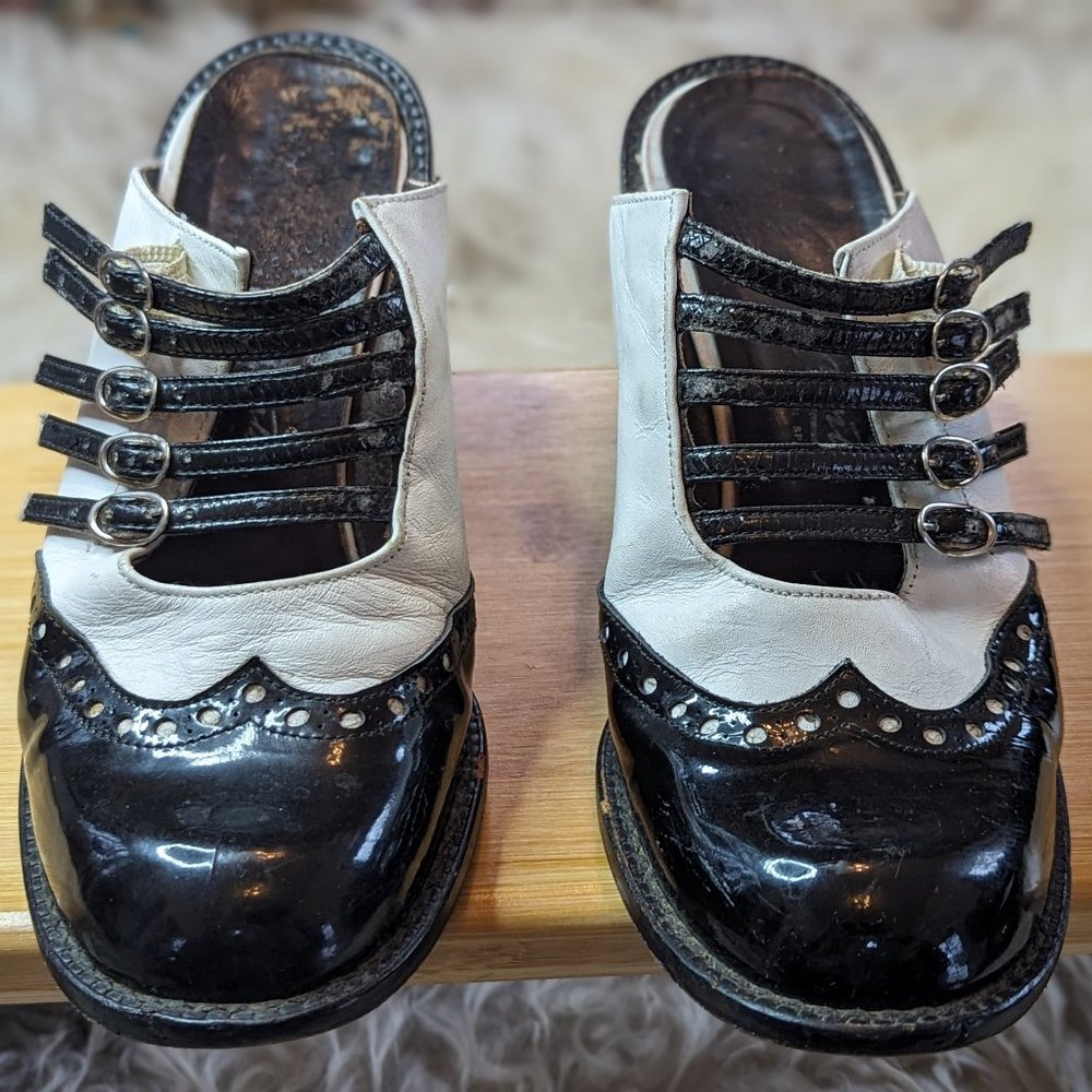 Vintage Black and White Slip-on Saddleback Heels with faux buckles